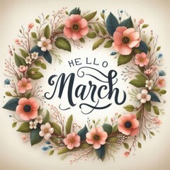 Fototapeta na wymiar Hello March. Floral wreath with hand drawn lettering
