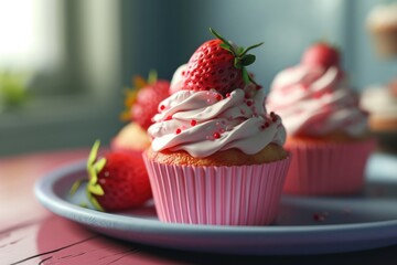 Strawberry Cupcake with Pink Cream on Tray