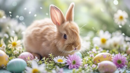 baby easter bunny with pastel easter eggs