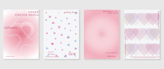 Abstract gradient Y2K style template cover vector set. Happy Valentine's Day decorate with gradient heart, pink and white background, halftone. Design for greeting card, fashion, commercial, banner.