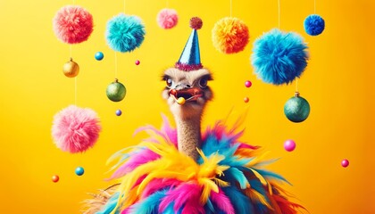 a whimsical ostrich wearing a bright pink party hat adorned with colorful pom-poms - obrazy, fototapety, plakaty