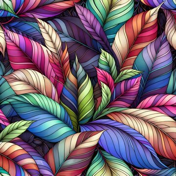 pattern of overlapping bright multicolored tropical leaves