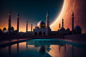Fototapeta premium a night scene with a mosque and lanterns