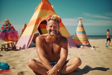Portrait of a smiling man sitting in front of his teepee on the beach - Powered by Adobe