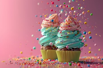 Colorful cupcakes with falling sprinkles