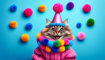 A joyful cat with a humorous expression, wearing a pink party hat adorned with multi-colored pom-poms - obrazy, fototapety, plakaty