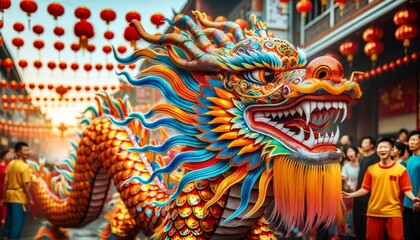 a vibrant colorful dragon as seen in traditional Chinese parades