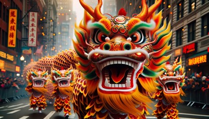 Obraz premium a vibrant colorful dragon as seen in traditional Chinese parades