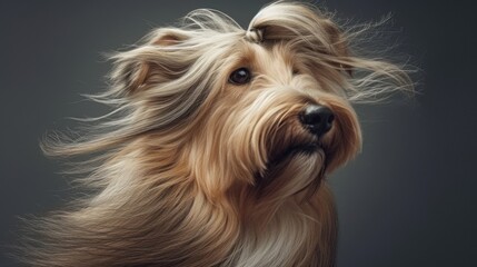 A dog with long hair blowing in the wind in style of fashion editorial. Dog coat on dark background. Grooming
