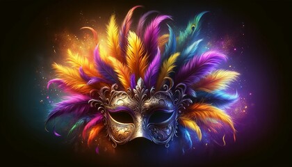 a vibrant masquerade mask adorned with an array of colorful feathers, including hues of blue, purple, green, yellow, and red