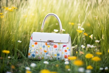 handbag on grass surrounded by wildflowers - obrazy, fototapety, plakaty
