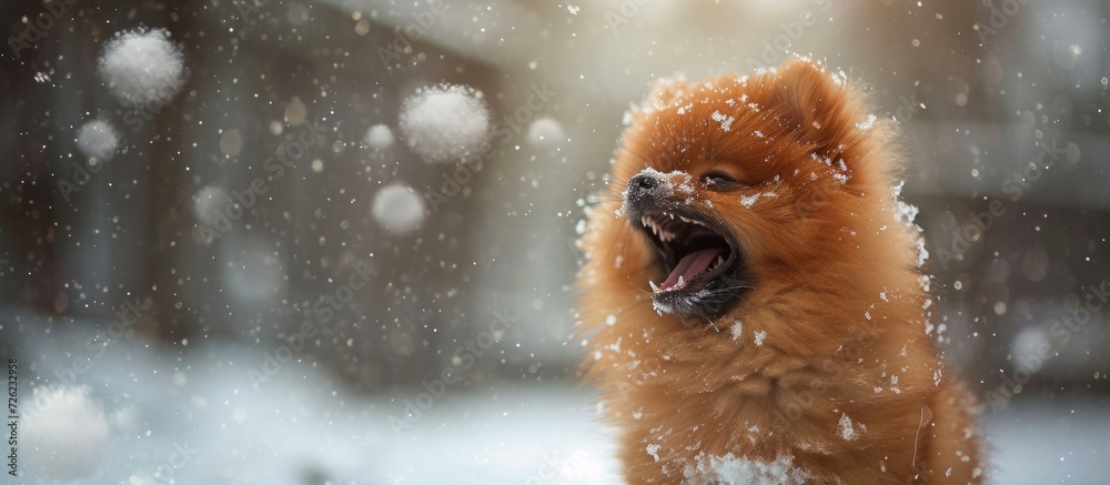 Poster Winter puppy Portrait of a cute little red/orange Pom howls.