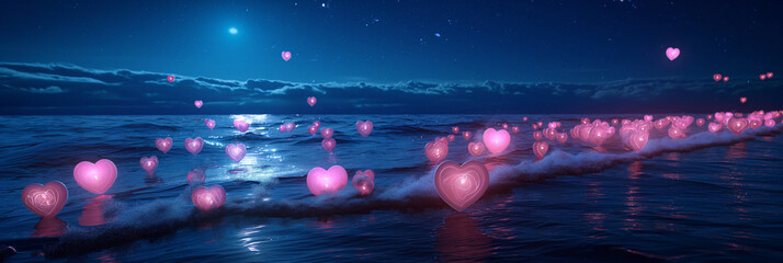 Small pink fluorescent translucent hearts with cute smiles and kind eyes jump out of the water and float in the air.