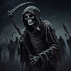 Fantasy scene with a grim reaper with a scythe leading the Army of the Dead