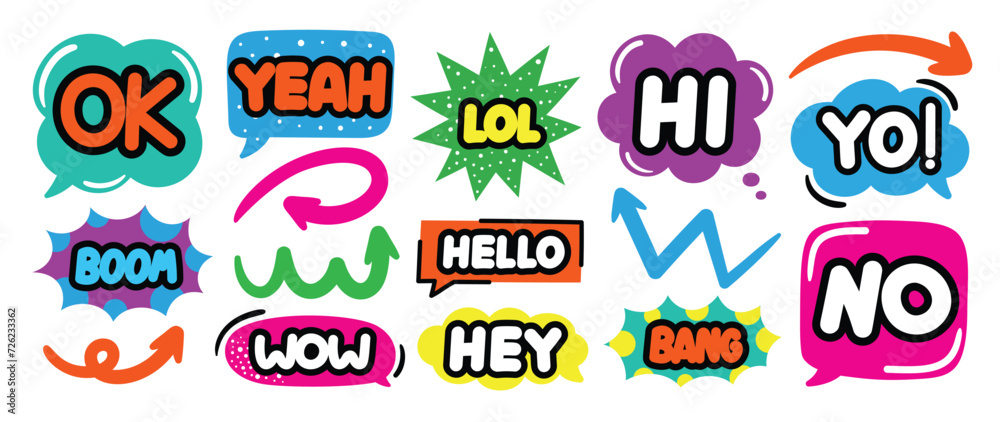 Fototapete set of doodle and speech bubble vector. collection of contemporary figure, speech bubble with text, 