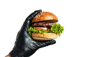 Hands in black gloves holding hamburger isolated on white background