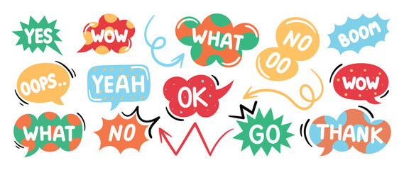 Set of doodle and speech bubble vector. Collection of contemporary figure, speech bubble with text, arrow in funky groovy style. Chat design element perfect for banner, print, sticker.