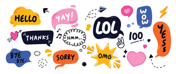 Set of doodle and speech bubble vector. Collection of contemporary figure, speech bubble with text, arrow, heart in funky groovy style. Chat design element perfect for banner, print, sticker. - obrazy, fototapety, plakaty
