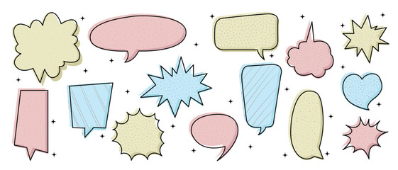 Set of doodle and speech bubble vector. Collection of contemporary figure, speech bubble different in funky groovy style. Chat design element perfect for banner, print, sticker, sale.