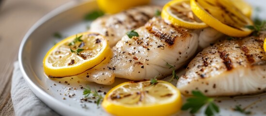 Dinner plate featuring grilled white fish and lemons in a closeup. - obrazy, fototapety, plakaty
