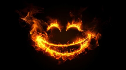 Fototapeta premium Fire in form of smile emoji. Fire flame on black background