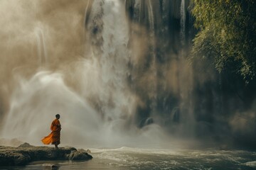 monk beside a waterfall with mist rising from the water - obrazy, fototapety, plakaty