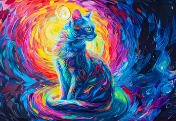 Cosmic Whiskers: A Vibrant Cat Amidst Psychedelic Swirls Background