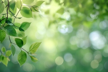 Spring background - green tree leaves on blurred background with a copy space. AI generative