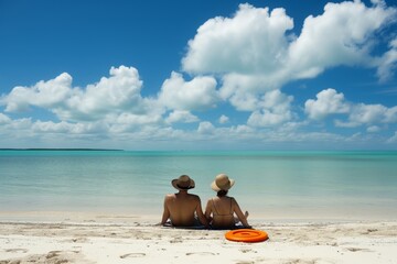 Fototapeta premium pair on beach with frisbee beside them, taking a sunbathing break