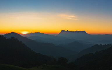 Beautiful Sunrise over Doi Luang Chiang Dao mountain at Hadubi camping viewpoint, Wiang Haeng district, Chiang Mai province, Thailand.