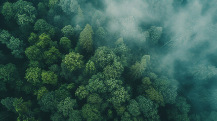 Fototapeta na wymiar Paisaje boscoso con niebla desde el aire