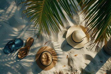 Straw hat with a wide range of items laid out on the sand beach, in the style of decorative...