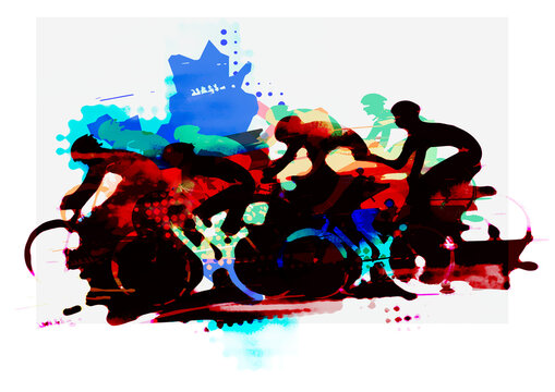 Cycling race, MTB cycling. Expressive stylized blurred drawing of a group of cyclists at full speed. 
Imitation of watercolor painting. Isolated on white background.	