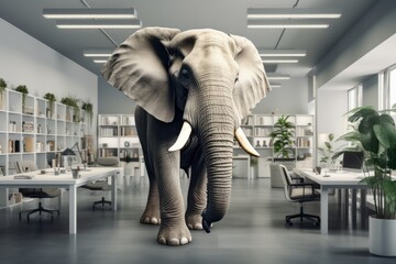 Elephant in the room concept. Huge elephant in a small office room
