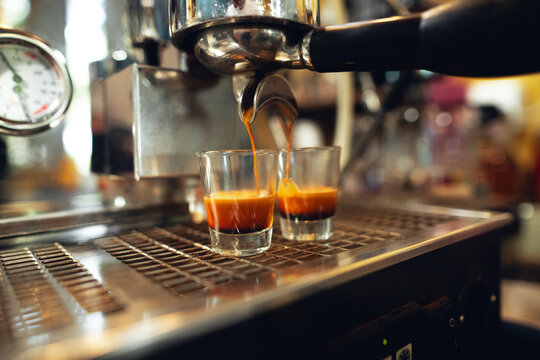 Coffee shot,Coffee machine pouring out espresso shot