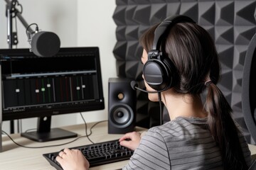 host with headphones recording at a desk with foam acoustic panels