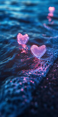 Fototapeta premium Small pink fluorescent translucent hearts with cute smiles and kind eyes jump out of the water and float in the air.