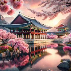 Serene Cherry Blossoms at Traditional Korean Palace