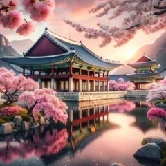 Papier Peint photo Lavable Pékin Serene Cherry Blossoms at Traditional Korean Palace