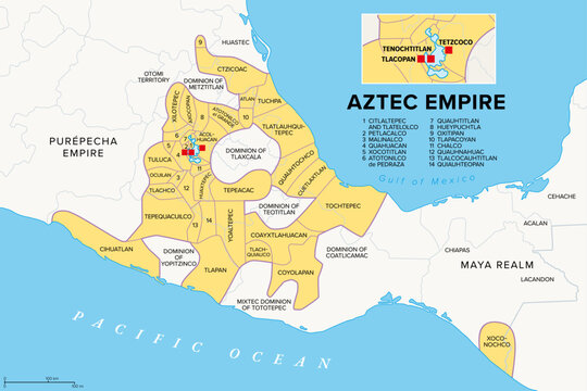 Aztec Empire with tributary provinces, history map. Maximal extent of Triple Alliance Tenochtitlan, Tetzcoco and Tlacopan at the time of Spanish conquest, 1519. With today state and country borders.