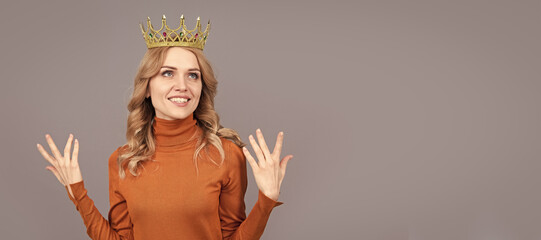 Princess woman with crown. happy blonde woman with curly hair wear crown, narcissism. Woman...