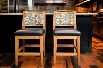 intricate, wooden counter chairs on a black floor tile pattern