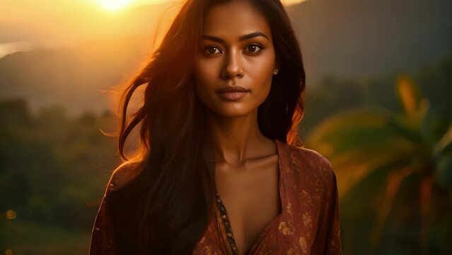 A Brunei woman stands atop a treefilled valley her black hair d down around her shoulders. The setting sun paints impressive red and orange hues into the sky brilliant rays of light