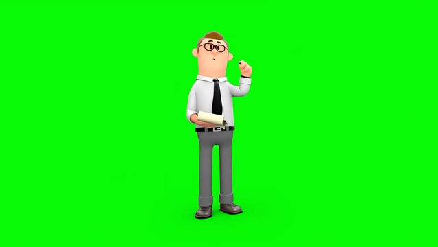 3D Cartoon Businessman With Notebook in His Hands Thinking and Making Notes. Employee Records Company Data and New Ideas in a Diary.