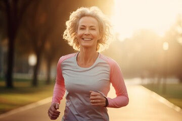 sport, fitness, lifestyle and people concept - smiling senior woman running outdoors