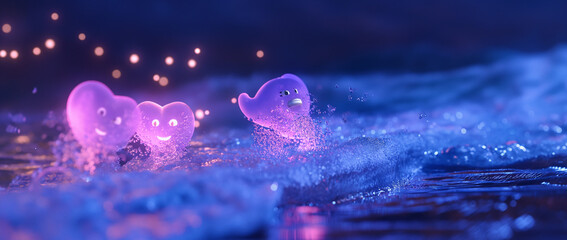 Small pink fluorescent translucent hearts with cute smiles and kind eyes jump out of the water and float in the air.