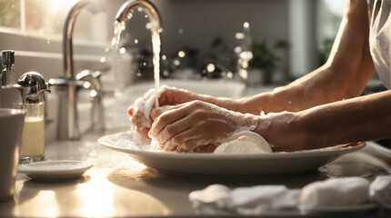 Close up hands of housewife washing dishes in lather in at the kitchen sink