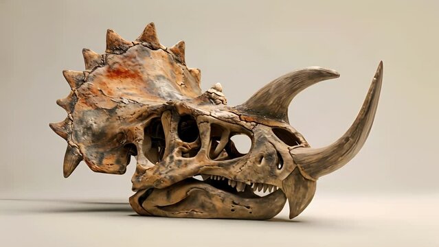 A triceratops skull with a severe abscess on its jaw suggesting a possible or injury that could have impacted its ability to eat.