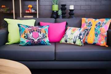 a selection of neon-hued throw pillows arranged on a black couch