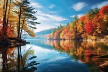 Obraz premium autumn in the forest with clear blue water and hills in background